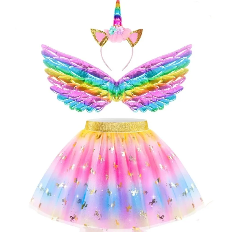 Unicorn Tutu Skirt Rainbow Princess Set With Angel Wings And Headband For Birthday Party Stage Performance Halloween Photo Prop