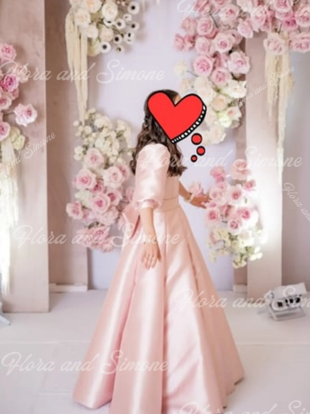 Elegant Pink Satin High Neck Long Puffy Sleeves Flower Girl Dress for Children's Sacrament Birthday Bridesmaid Dress Customize