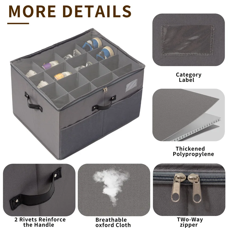 Storage Shoe Box, Fabric Foldable Shoes Grid Finishing Storage Boxes, Dustproof and Moisture-proof Zipper Transparent Cover