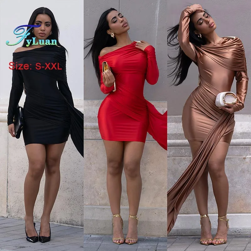 2025年ファッション レディース ミニドレス 無地 斜め肩 長袖 ボディコンドレス リボン付き ディナードレス レッド セクシー ミディアムドレス