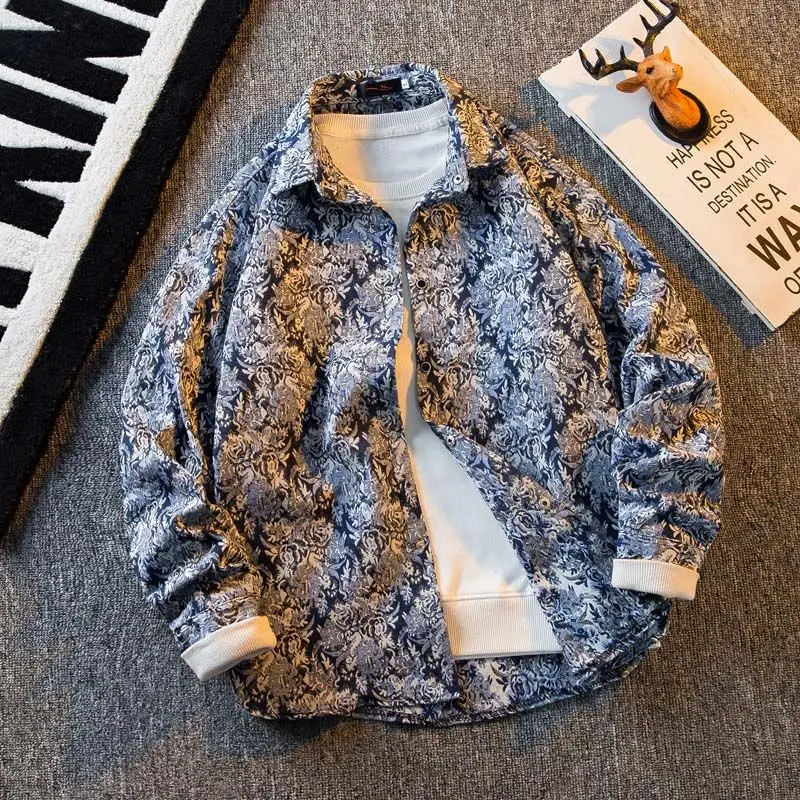 Men\'s Japanese vintage irregular floral high-end shirt men\'s long sleeved men\'s casual shirt jacket men shirts clothing