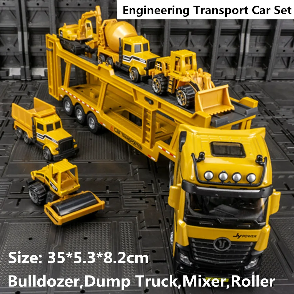 

Engineering Transport Vehicle Set Model High simulation Double Decker Truck Contain Bulldozer,Dump Truck,Mixer,Roller