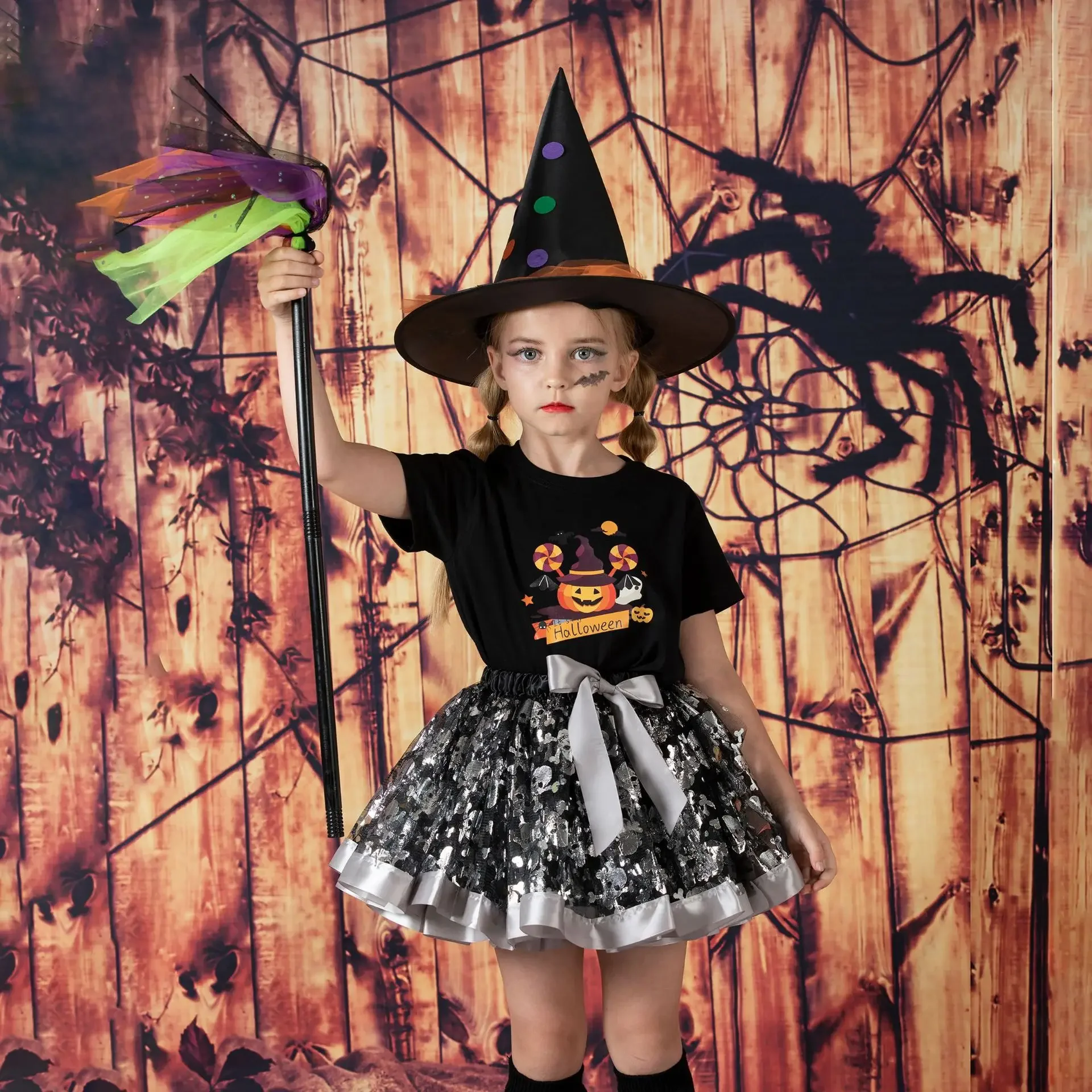 Bambini ragazze Halloween Glitter Tutu gonne Mesh Ballet Tulle pettigonne con cappello da strega scopa bambini costumi da festa Cosplay