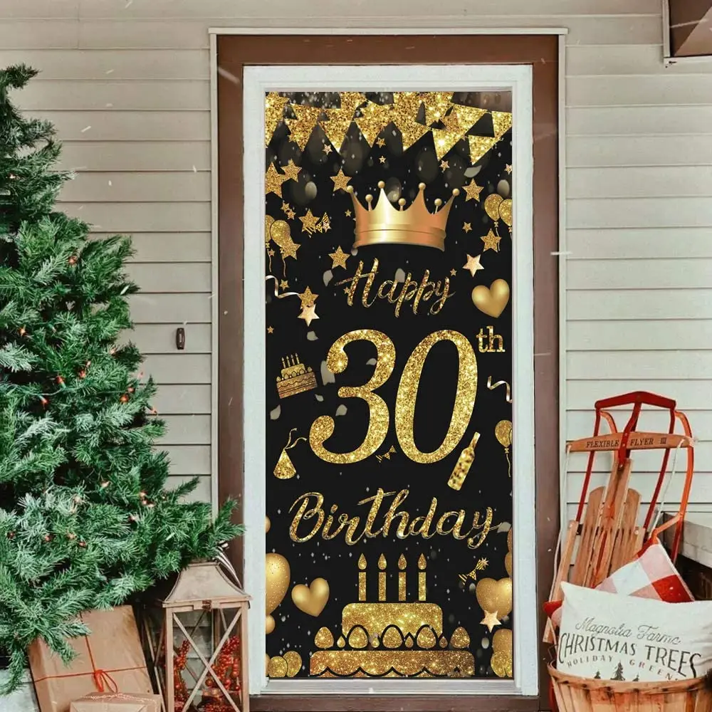 Photography Backdrop Happy 30th 40th 50th 60th 70th Birthday Banner Black And Gold  Door Cover Porch Background For Women Men