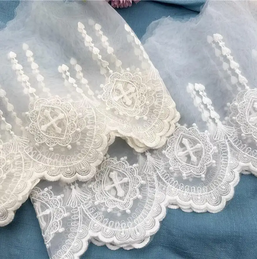 18cm France Style Apricot /White Wave Edge Mesh Flow Heart Falling Holy Cross Embroidery Lace Trim DIY Clothing Accessories X714