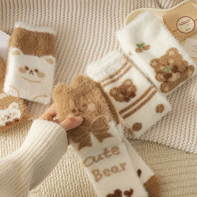 Women's Autumn Winter Mink Velvet Socks Thick Fluffy Coffee Color Middle Tube Cute Bear Cartoon Warm Coral Velvet Floor Socks