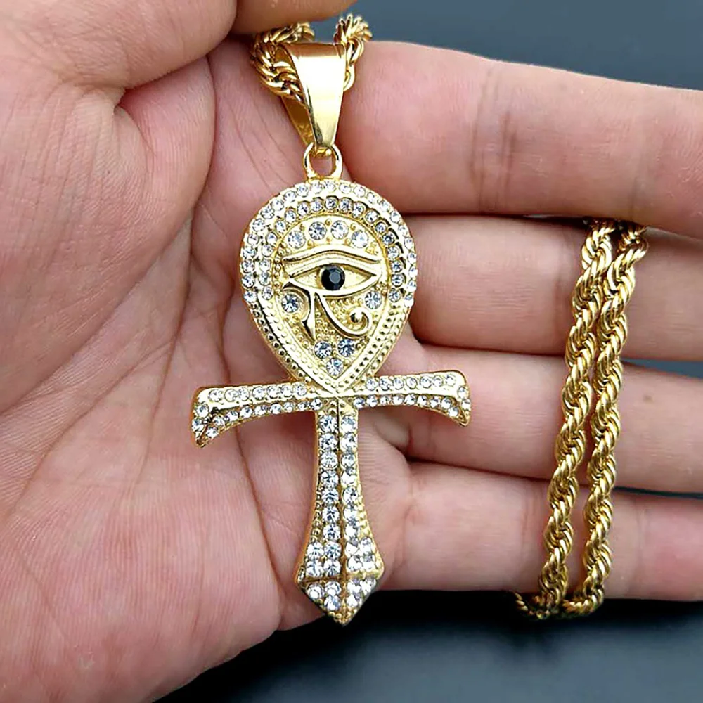 Ägyptisches Auge des Horus Ankh Kreuz Halsketten Anhänger mit Seilkette Goldfarbe Edelstahl Damen Herren Ägypten Schmuck Geschenk