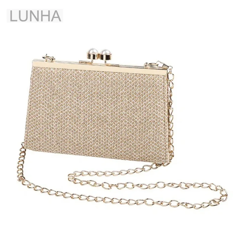 Elegant Women's Shoulder Clutch Purse Woven Evening Frame Bag with Pearl Embellishments and Chain Strap for Parties