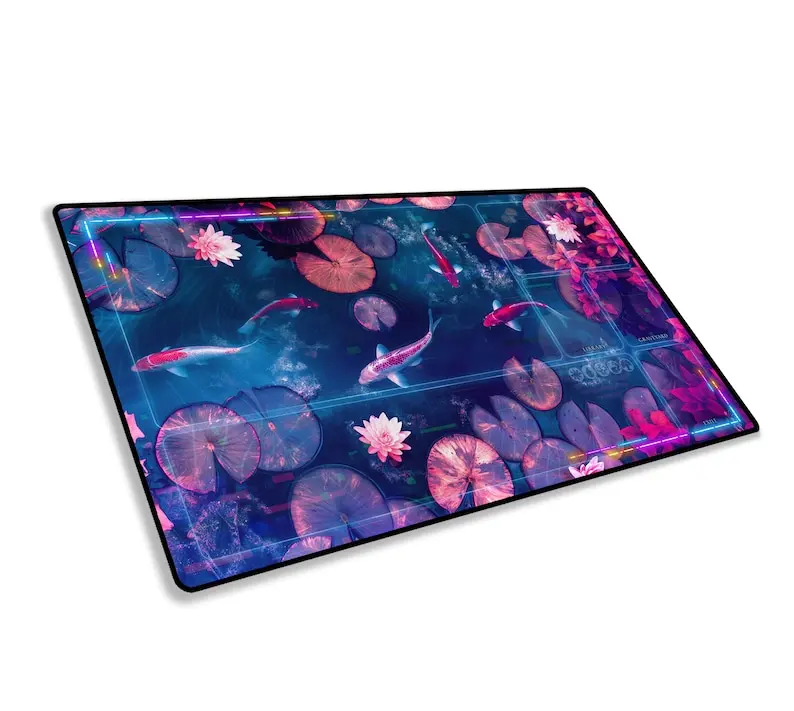 Playmat Lotus Kamigawa com zonas 23,6 "X 13,8" Vaporwave Glitch Koi Pond Mousepad Gamer Acessório de escritório Tapete de teclado Tapete de mesa