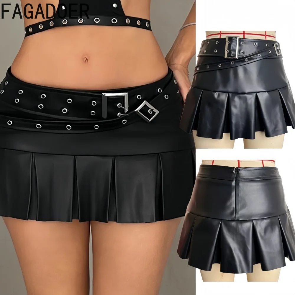 FAGADOER Modna Skórzana Spódnica Bodycon z Naszywkami Damska Nieregularny Pas Zamek Błyskawiczny Wysoki Stan Plisowana Spódnica Damska Streetwearowe Doły