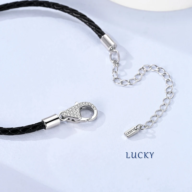 Neues Armband aus 925er Sterlingsilber mit schwarzem Lederband, Karabinerverschluss, schlichtes Kettenarmband-Design für Damen, Party-Schmuck – Detail 3