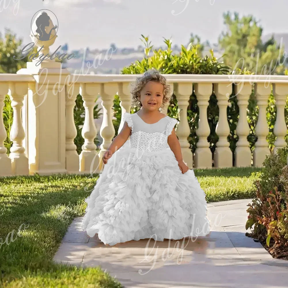 White Pearls Lovely Flower Girl Dress For Wedding Tulle Puffy Backless Elegant Princess Birthday Party First Communion Ball Gown