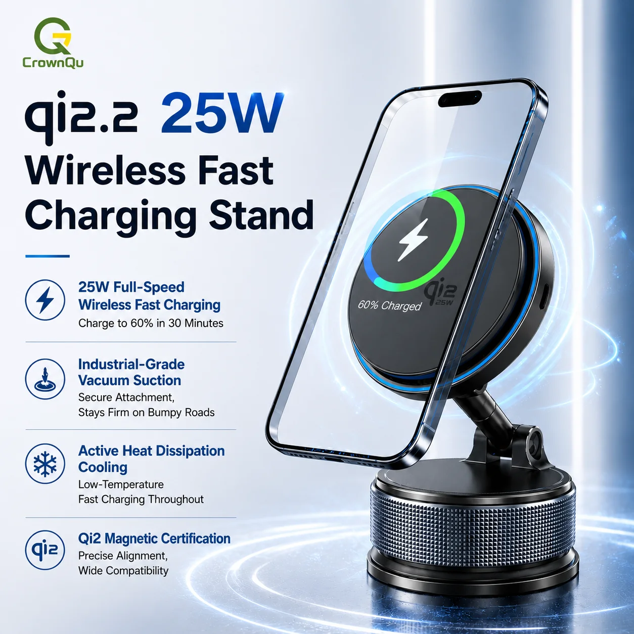 25W Qi2.2 Wireless Charger Car Phone Holder with Cooling Fan 360° Rotatable Fast Charging Magnetic Stand for iPhone 17 16 15 Pro