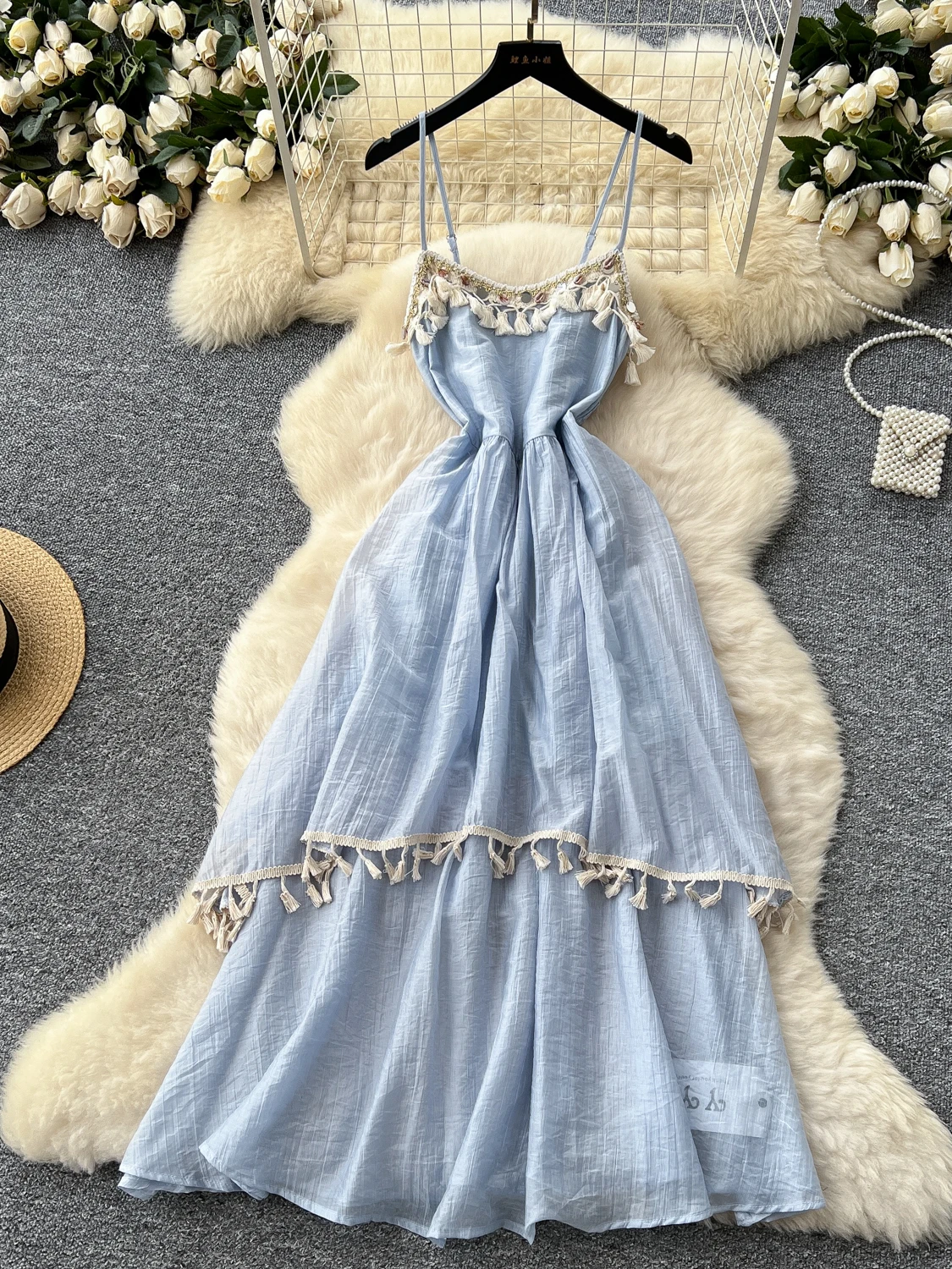 Damen Chic Fransen Hosenträger Schlankes Langes Kleid 2025, Sommer, unregelmäßig, rückenfrei, schlank, Boho, Strand, lässig, Party