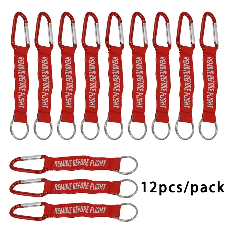 12 PCS/Pack Free Shipping Remove Before Flight Text Both Sides Embroidery Car Keychain Outdoor Carabiner Key Chain Wholesale