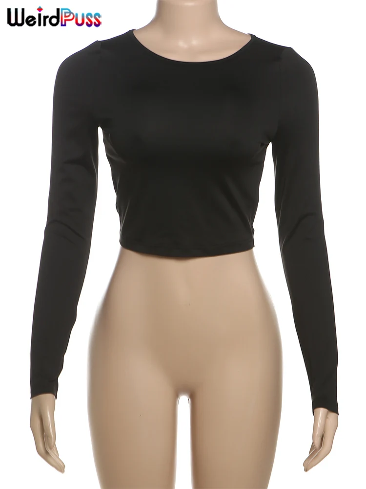 奇妙な小娘 Y2K バックレスクロップトップス秋のトレンド O ネックソリッド長袖シンプルな因果スキニーストレッチストリートベーシック Tシャツ