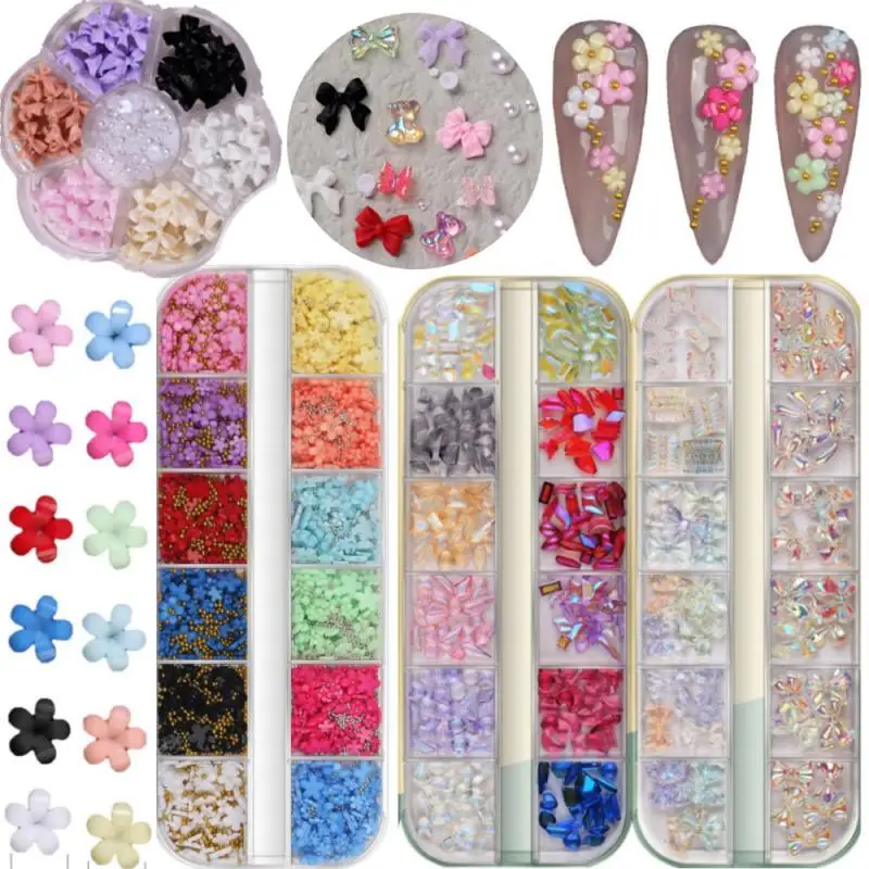 12Grids Acrylic Flower Nail Art Rhinestones Mixed Pearl Gold Silver Beads Nail Charms 3D Flower Nail Art Decor DIY Nail Supplies