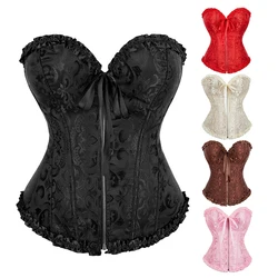 Corsetto con cerniera anteriore ossa di plastica Overbust Korset vita Jacquard Bustier Top Basques