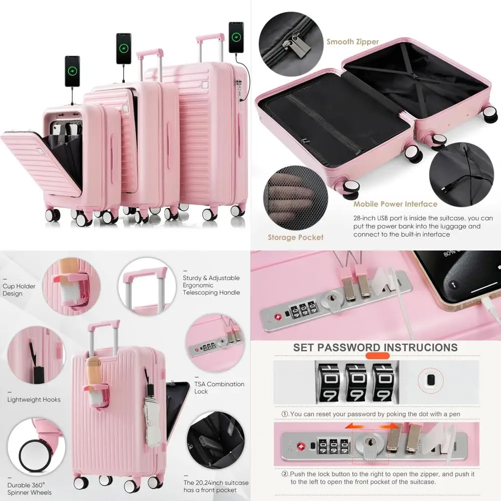 3-piece luggage set with spinner wheels, hard shell, lightweight, tsa lock, usb port, cup holder, 20" or 24" with front opening