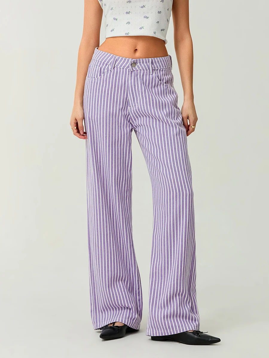 

Women Fashion Denim Pants High Rise Jeans Retro Classic Striped Print Wide Leg Trousers Boyfriend Jeans with Pockets