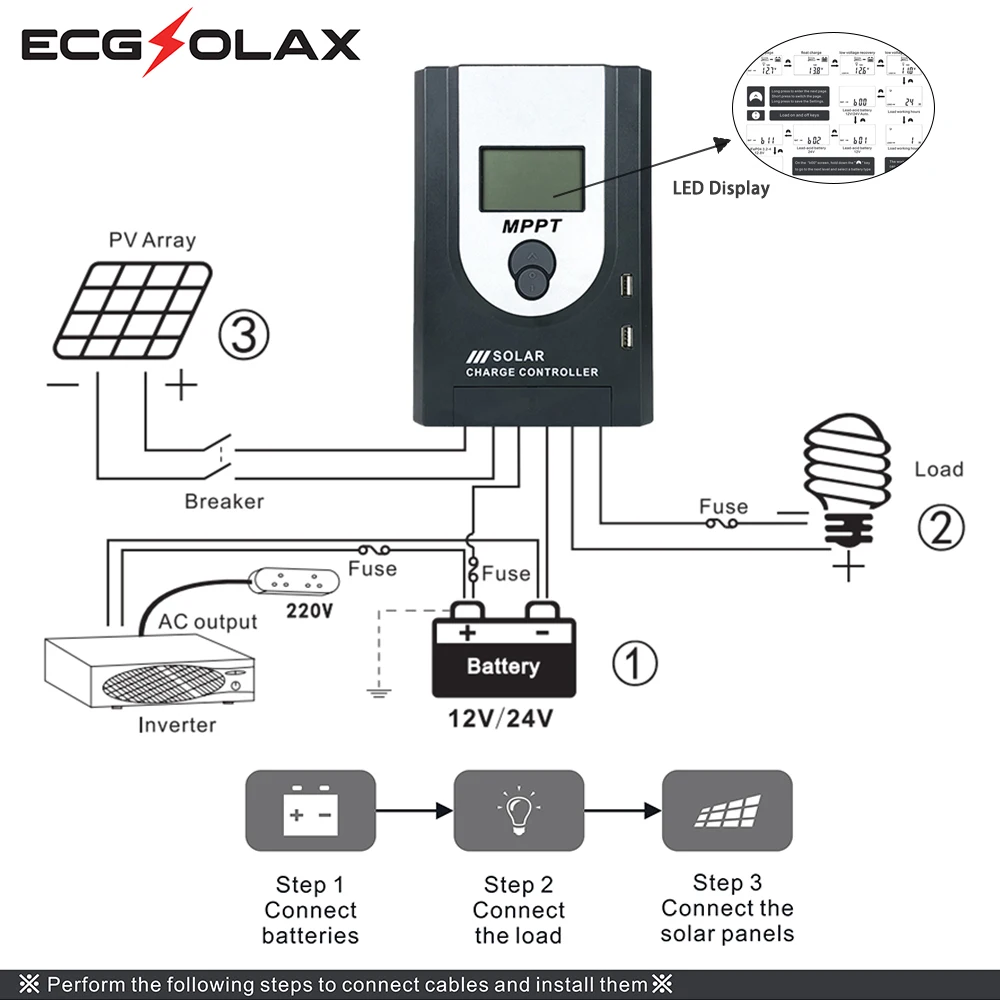 ECGSOLAX 40A MPPT Solar Charge Controller 12V 24V Auto 30A 20A LCD Display Solar Panel Regulator Micro Solar Power Controller