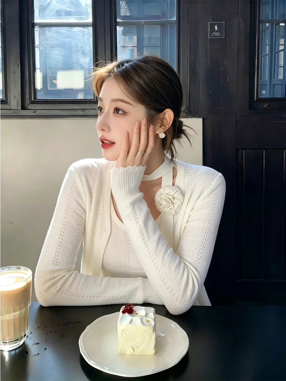 White Knitted Hollow out Cardigan with Strap Women's Summer Outerwear Unique Beautiful Top Polyester Fiber Long Sleeve Slim Fit view 5