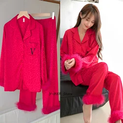 Luxury Feather Pajamas Suit Embroider V Sleepwear Bride Home Clothes Silk Rayon Shirt&pants 2Pcs Loungewear Print Nightwear