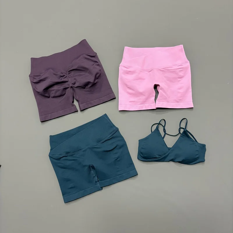 2 Piece Women Gym Set Seamless Vision Twist Front Sports Bra Yoga Suit Scrunch Butt Cross Waist Shorts Fitness Workout Sets