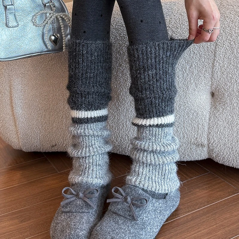 Women's Multi-color Wool Sock Sets with Contrasting Knit Long Leg Covers and Thick, Warm American-style Long Socks