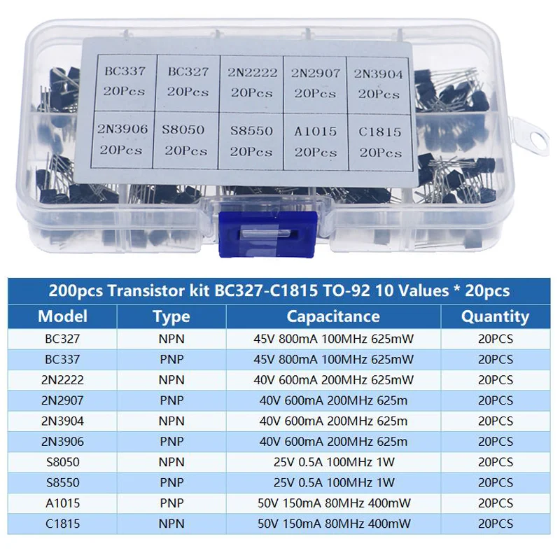 200pcs/set 10Values Transistors Box Transistor Mixed pack kit BC337 BC327 2N2222 2N2907 2N3904 2N3906 S8050 S8550 A1015 C1815