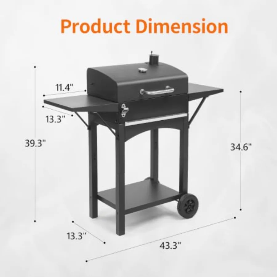 Charcoal Grill with 2 Side Tables, BBQ Grill with Lid and Chimney