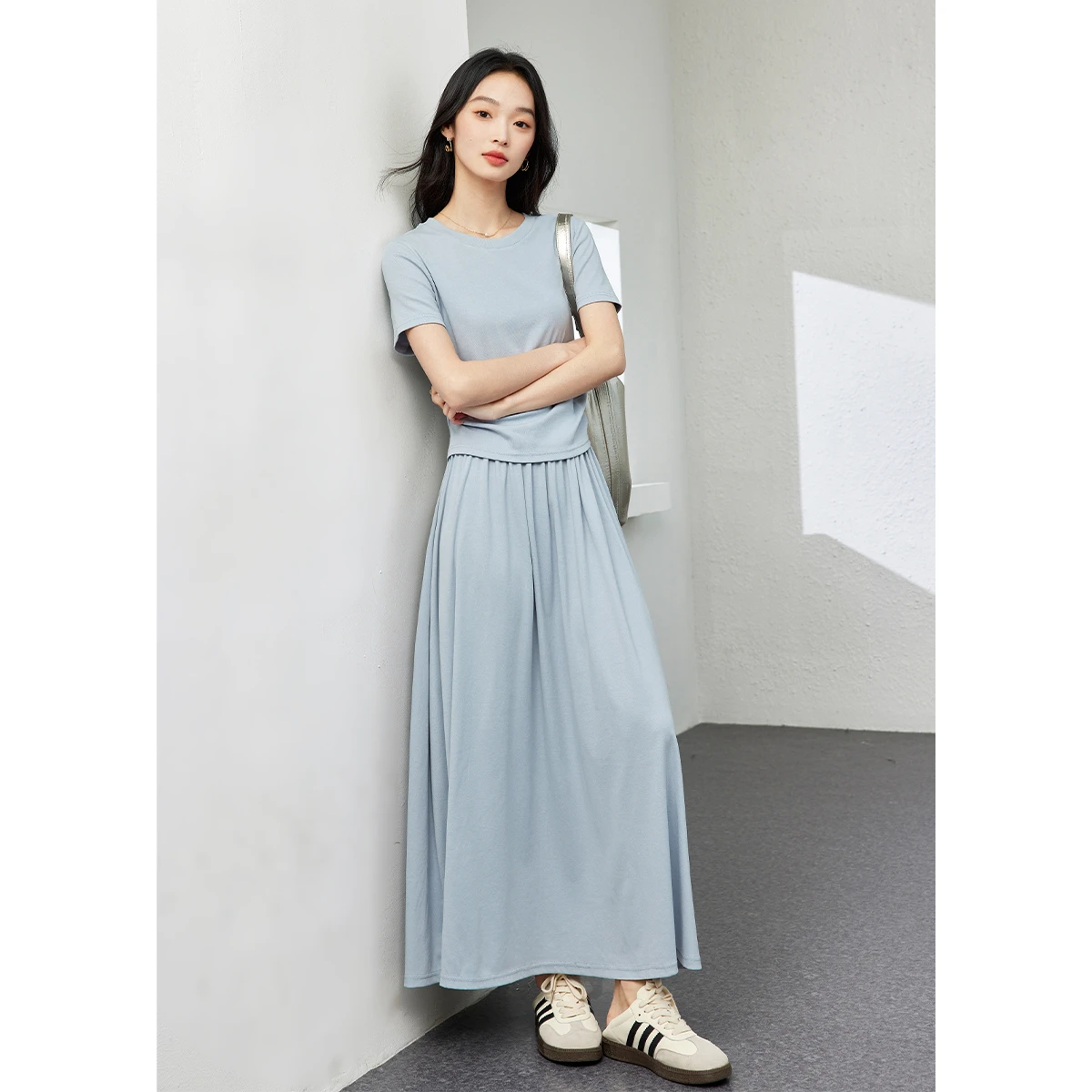 VIMLY Women Two Piece Set Summer Casual Cotton Short Sleeve T-shirt Elastic Waist Long Skirt 2026 Fashion Matching Outfit M7669 image 4