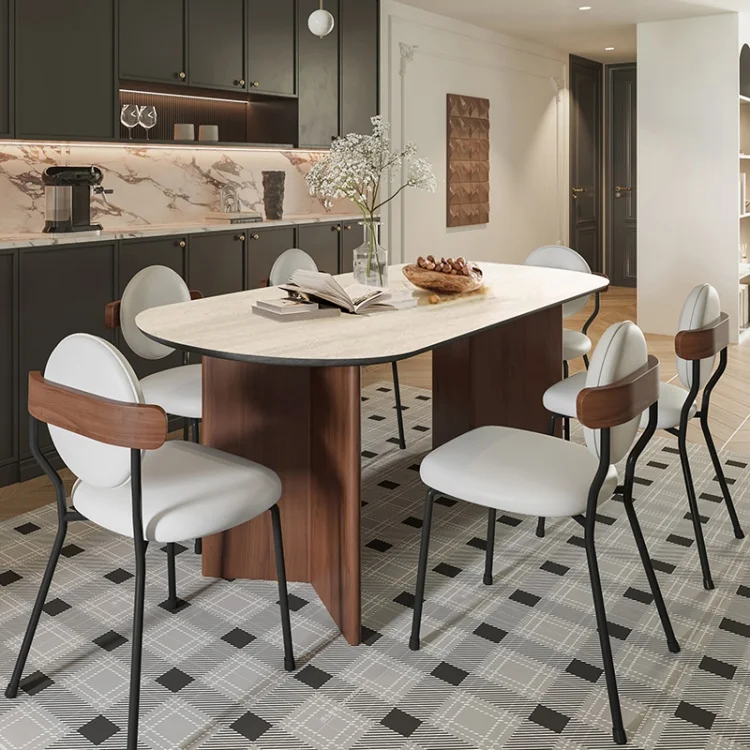 

Italian Vintage Solid Wood Dining Table with Porcelain Stone Top Oval Design for Small Homes