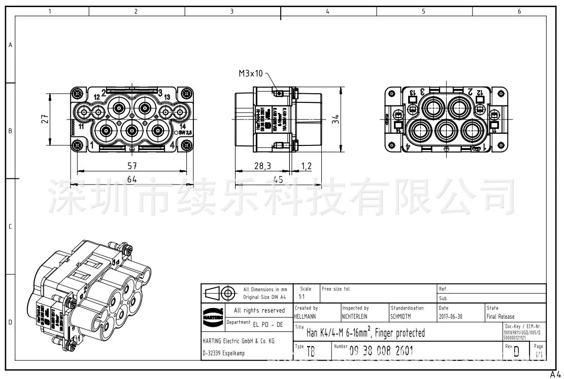 09380082601 HARTING K 4/4-M штекер 4 толщины 4 точное заземление высокий ток 36 16A