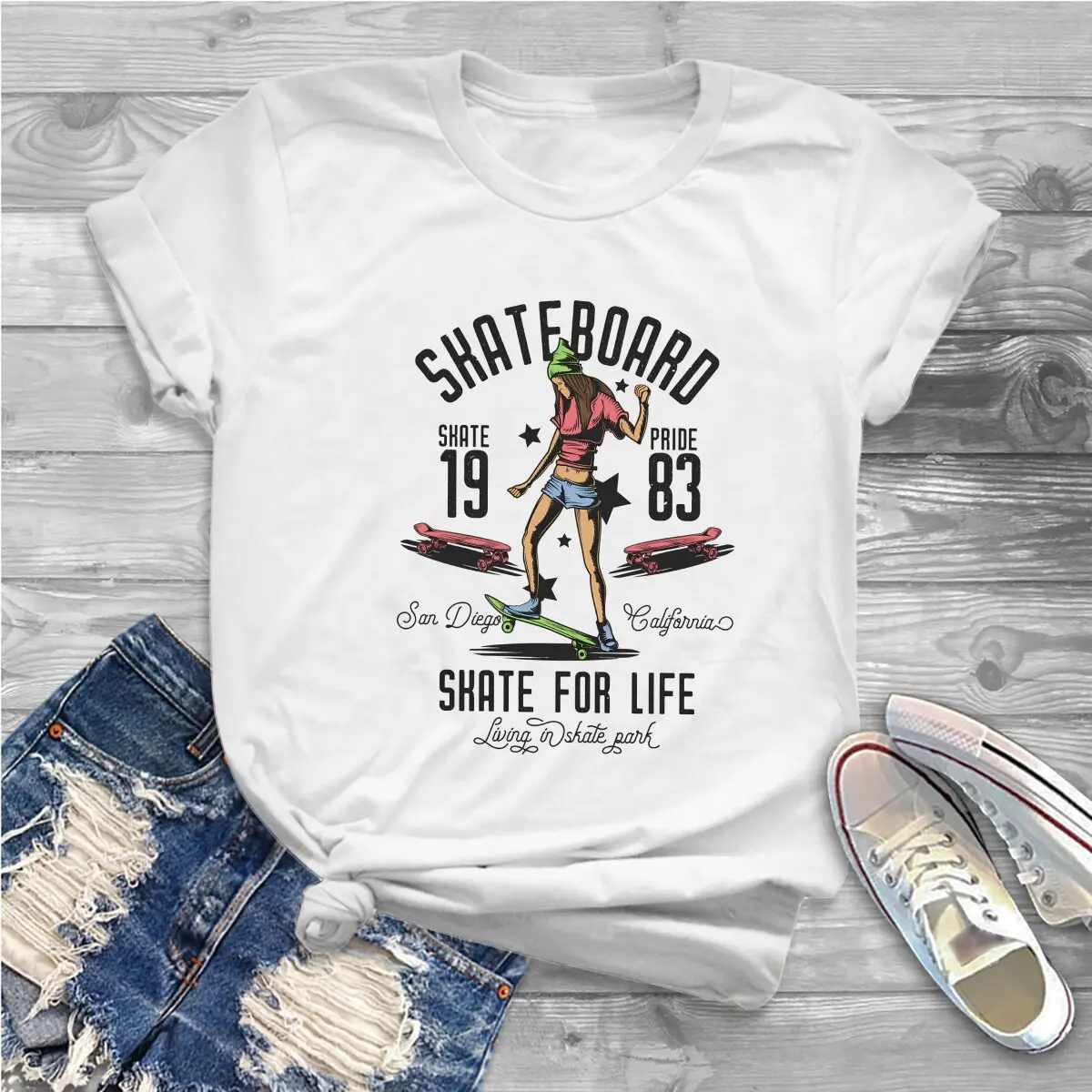 Skateboard Girl Skate For Life Hipster Polyester TShirts Skateboard Momen Harajuku Tops T Shirt Round Neck