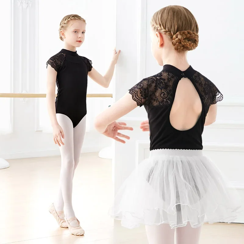 Girls Ballet Leotards Stand Collar Hollow Back Gymnastics Leotard Cotton Lace Ballet Bodysuit Kids Dance Leotards for Girls