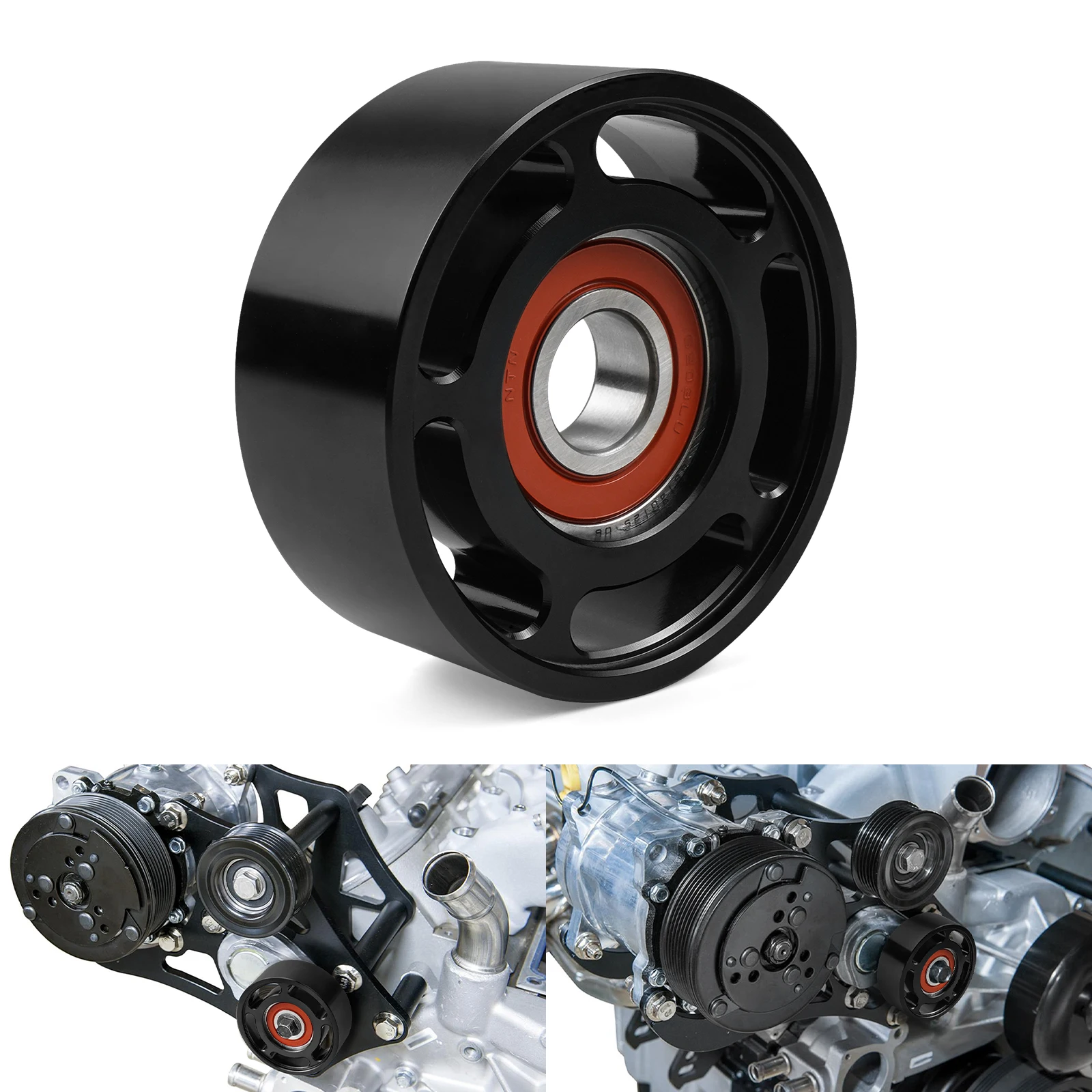 BEVINSEE Aluminum Smooth Idler Pulley Universal For LS bracket Idler pulley For 76.0 mm x 6 Rib Smooth Face Pulley