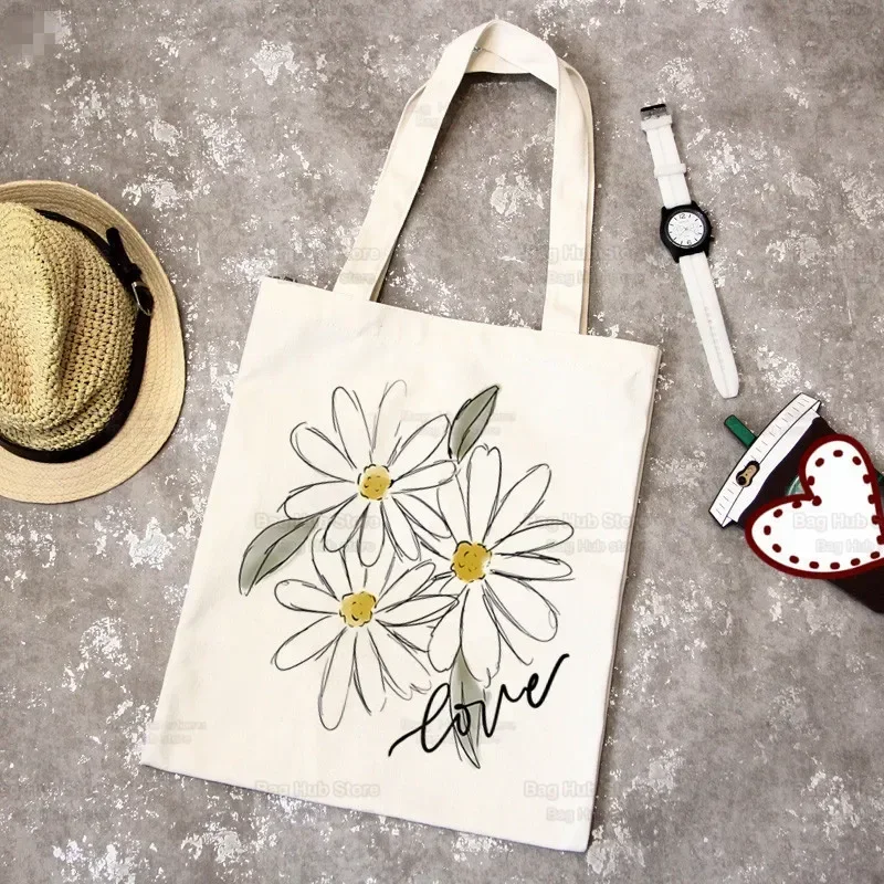 Daisy Pattern Canvas Shopping Bag, Eco Friendly Reusable Tote Bag, Large Shoulder Handbag for Women Daily Outdoor Use