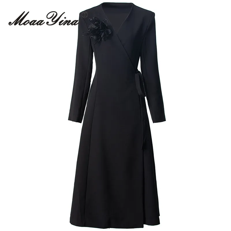 

MoaaYina 2025 Autumn And Winter V-Neck Solid Color Patchwork Long Sleeved Tied Waist Coat