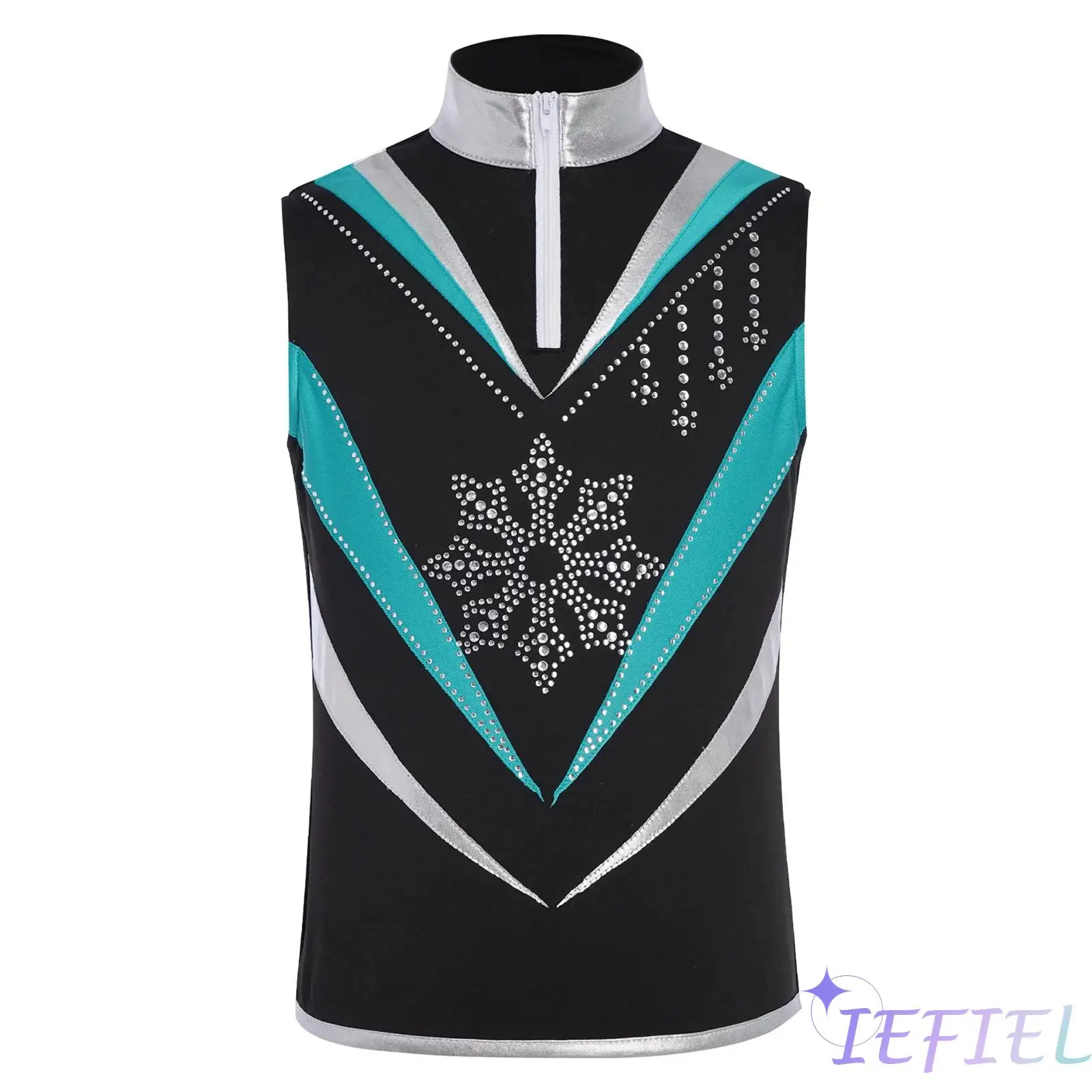 

Kids Girls Boys Figure Skating Vest Zip-Up Stand Collar Sleeveless Shiny Snowflake Contrast Color Training Practice Tank Top