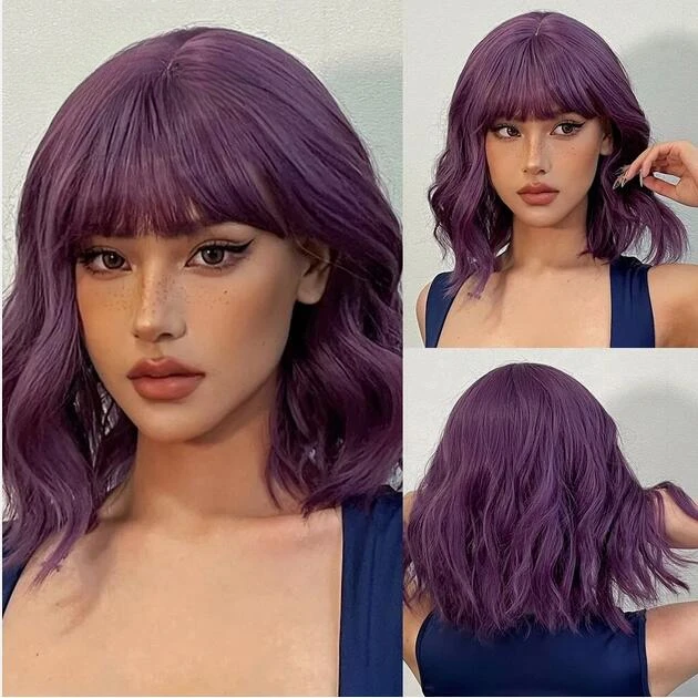 

Cosplay Purple Synthetic Bangs Short BOB Fluffy Wave Wigs