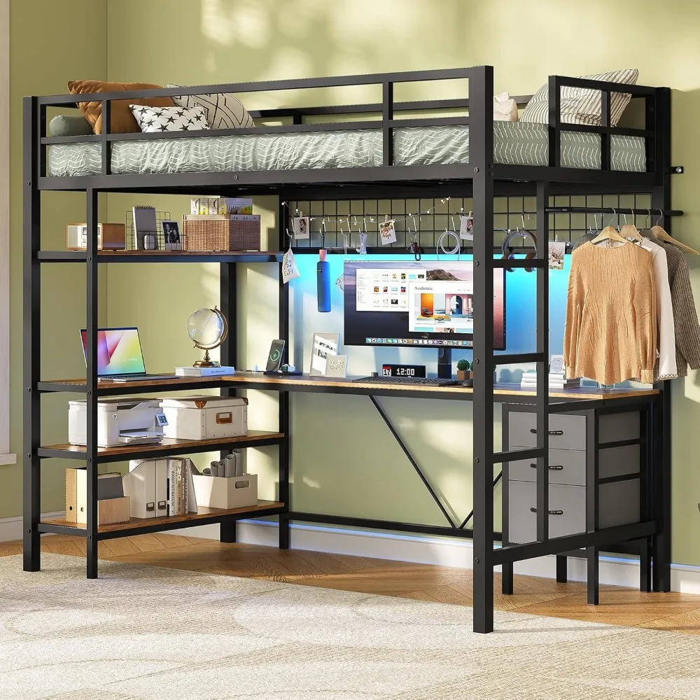 

Loft Bed Twin Size with L-Shaped Desk, 4-Tier Bookshelf and 3 Drawers, Clothes Rail, Safety Guardrail&Ladder, Twin Loft Beds