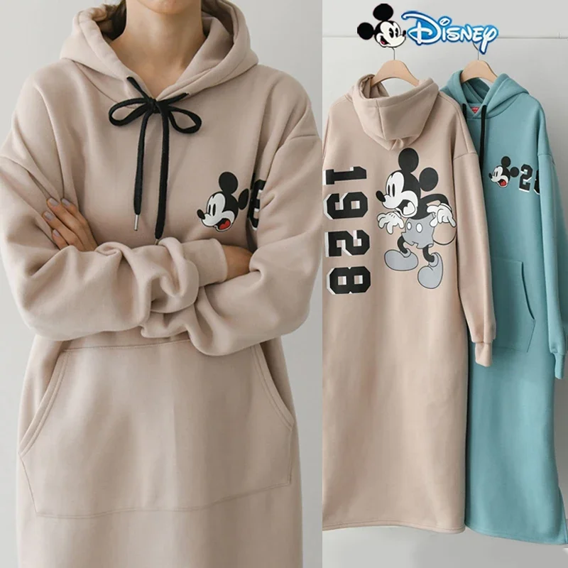 Disney Mickey Mouse Hoodies for Women Hooded Sweatshirt Dresses Fall Winter Warmth Casual Long Dress Coats Loose Knee Length