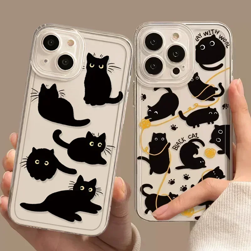 

For IPhone 13 15 Cover for 12 11 14 Pro Max 13 12Mini X XS XR SE 14 Plus Cartoon Black Cat Shells Transparent Phone Case