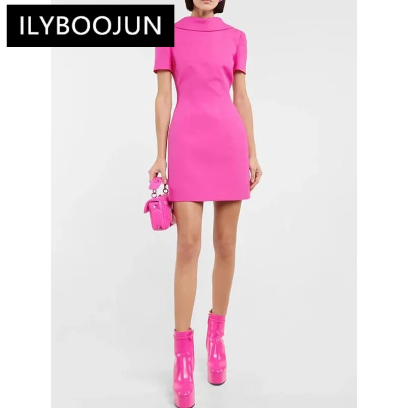 

Hot Pink Backless V Bow Dress Short Sleeve 2023 New Designer Rose Pink Celebrity Style Party Hollow Out Waist Mini Dress Summer