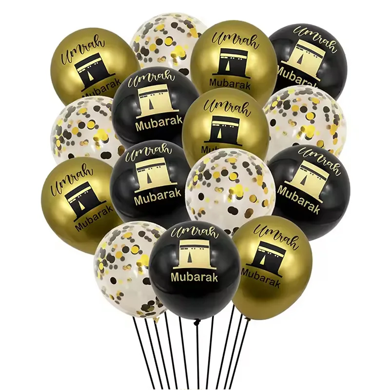 15-teiliges Set Schwarz-Gold Umrah Mubarak Latex-Konfetti-Ballons Ramadan Kareem Dekoration Eid Mubarak Islamische Muslimische Partydekoration
