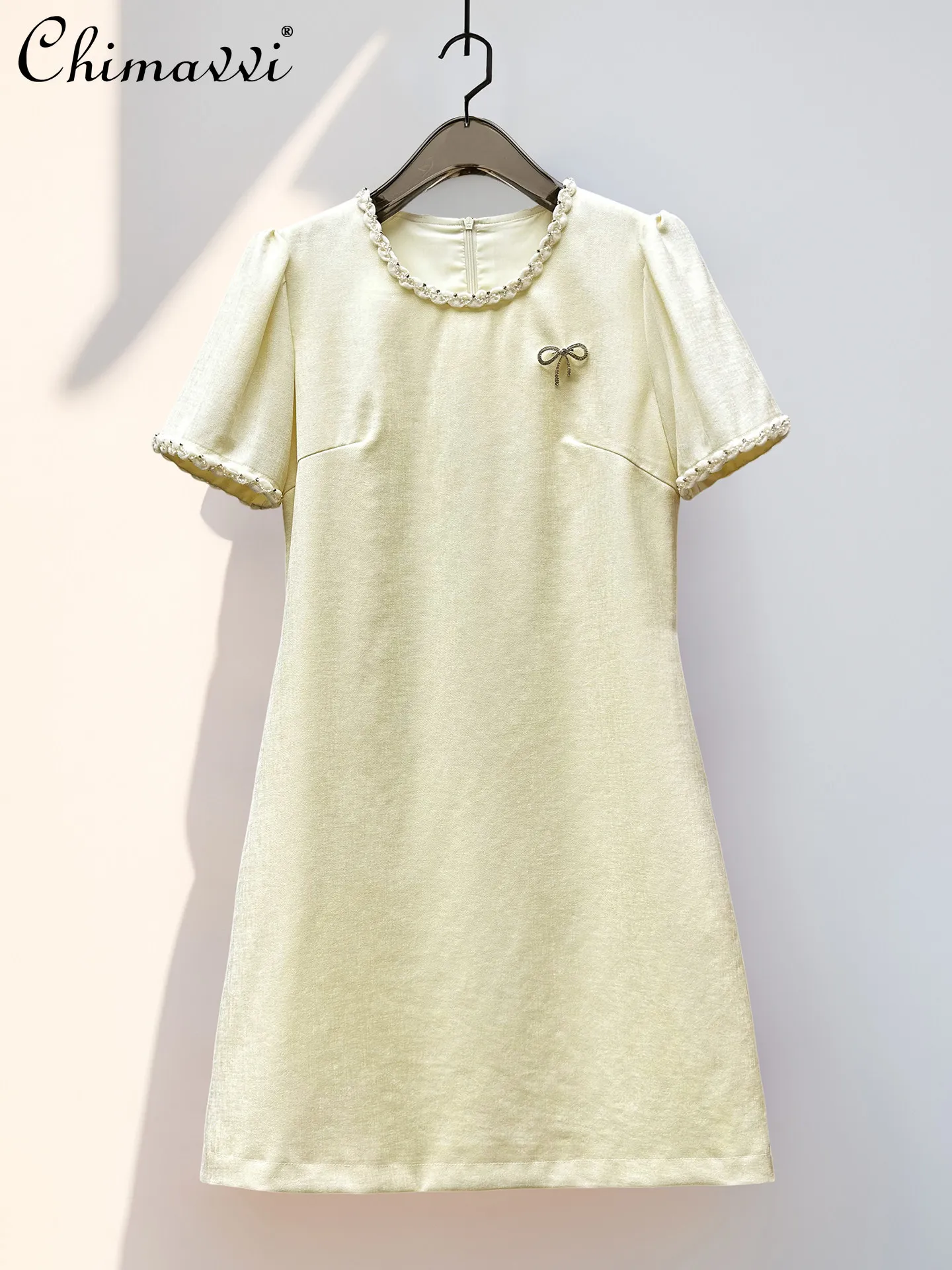 

French Elegant Fashion Socialite Bead Round Collar Short Sleeve High Waist Slim A-line Waist Short Dress For Women Summer 2026