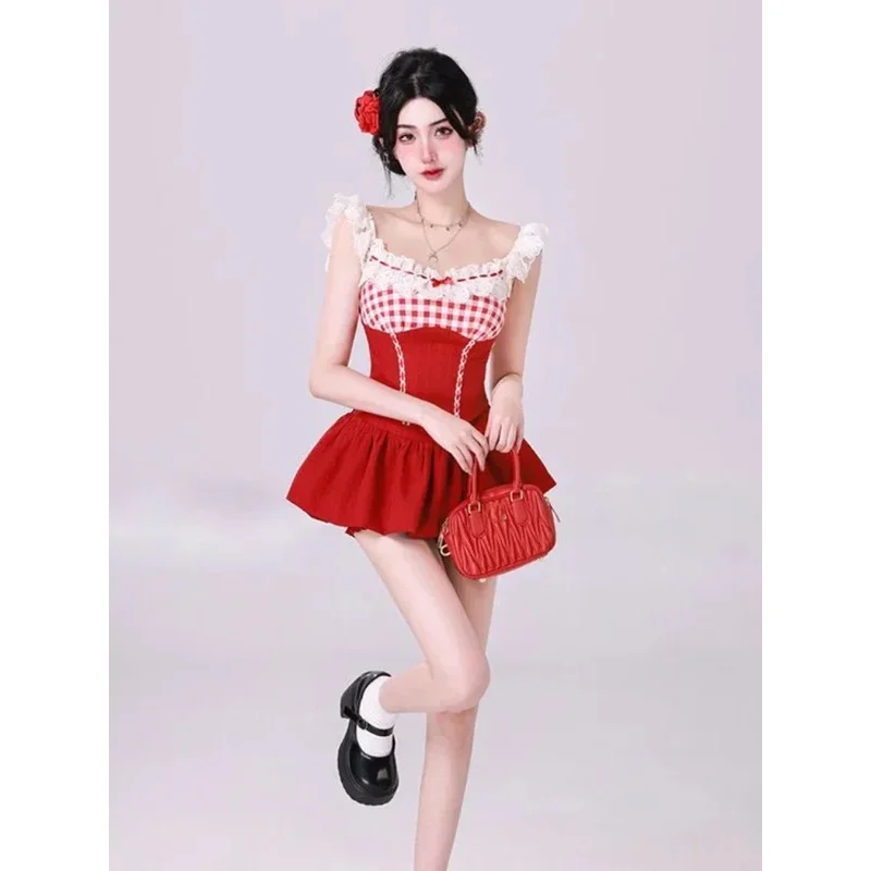 

France Fashion Slim Sling Square Neck 2 Piece Set Women Kawaii Sweet Lace Plaid Patchwork Tops Female + High Waist Short Skirt r
