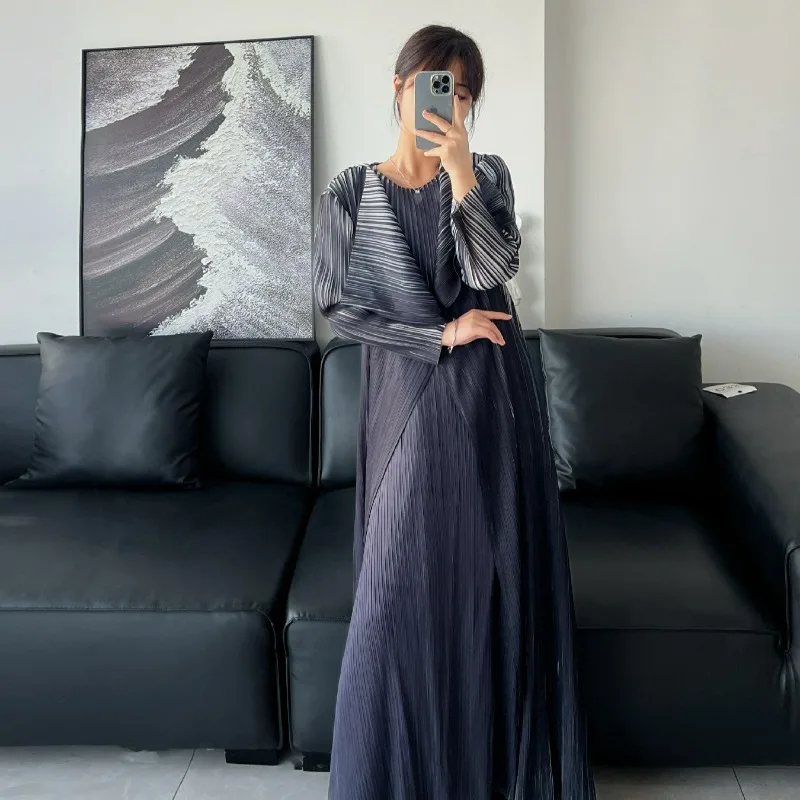 

Miyake Dress Set Autumn New Heavy Industry Pleated Dress Long Sleeved Cardigan Two Piece Abaya Long Coat