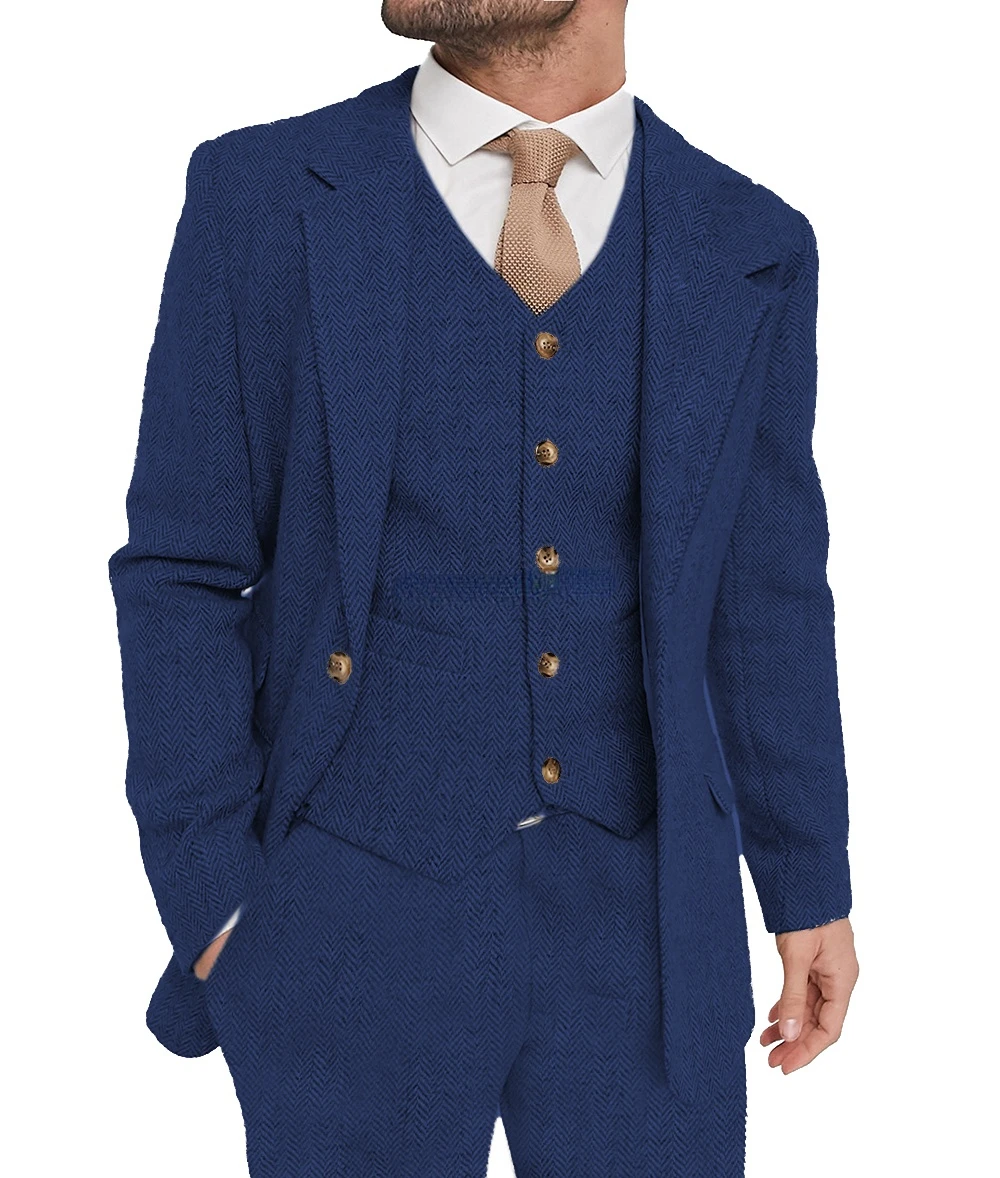Customized Men's 3 Piece Tweed Suit Notched Lapel Herringbone Blazer Vest And Pants Set for Elegant Wedding Dress Code